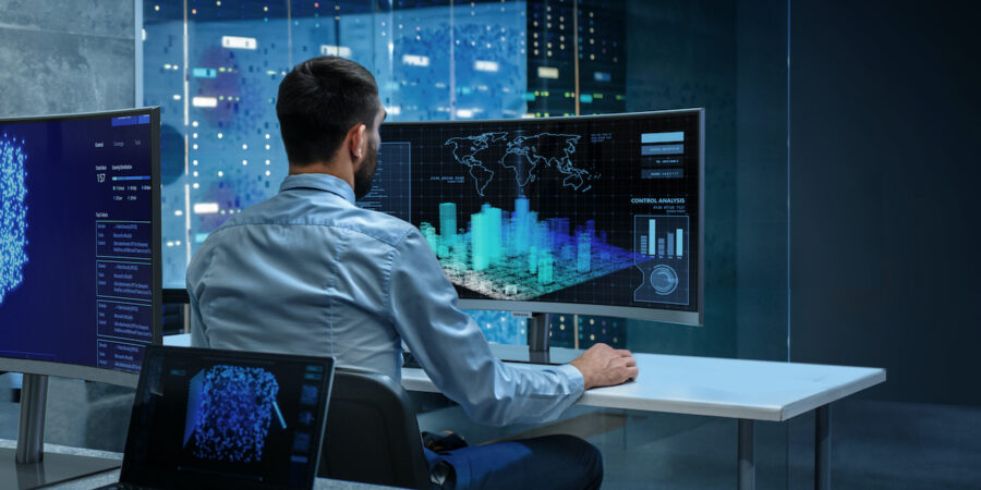 Office desk with maps, schedules, and overlapping lines